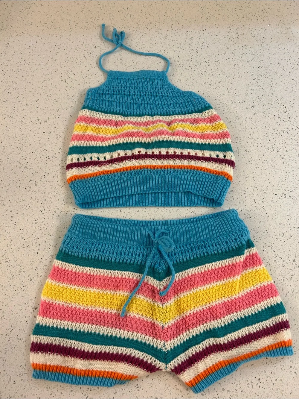 Crochet Stripe Halter Top & Shorts Set - Aqua with Multi Color Stripes